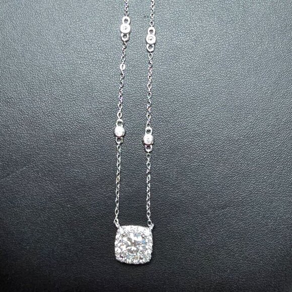 Round Cut Moissanite in Square Halo of CZ in Sterling Silver - Picture 4 of 9